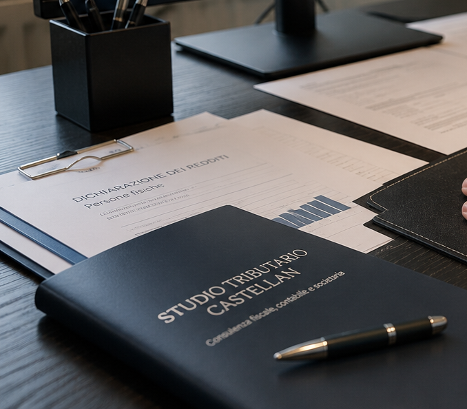 Una foto top-down di una scrivania professionale che mostra libri aperti con pagine su fiscalità italiana evidenziate, una penna stilografica di qualità poggiata su fogli, calcoli precisi visibili su un calcolatore, il tutto su una superficie in rovere chiaro. Luce mattutina morbida crea delicate ombre. Composizione che enfatizza la superficie della scrivania, carta, penna e dettagli del libro a fuoco nitido con profondità di campo ridotta.