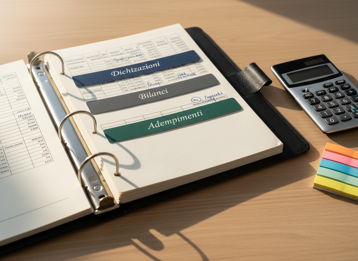 A close-up of a sophisticated, open three-ring binder filled with neatly tabbed sections labeled in Italian for “Dichiarazioni”, “Bilanci”, and “Adempimenti”, with each divider in muted professional tones of navy, gray, and deep green. Inside, carefully aligned spreadsheets display structured tax data and tidy annotations in blue ink. The binder rests on a light oak surface beside a discreet, premium calculator and a small stack of color-coded sticky notes. Soft morning sunlight from an unseen window creates a gentle gradient across the pages and subtle shadows under the tabs. Photographed from a diagonal top-down perspective with shallow depth of field, the front pages sharply in focus and background softly blurred. The photographic realism and minimalist composition convey meticulous attention to detail and calm, organized fiscal management.